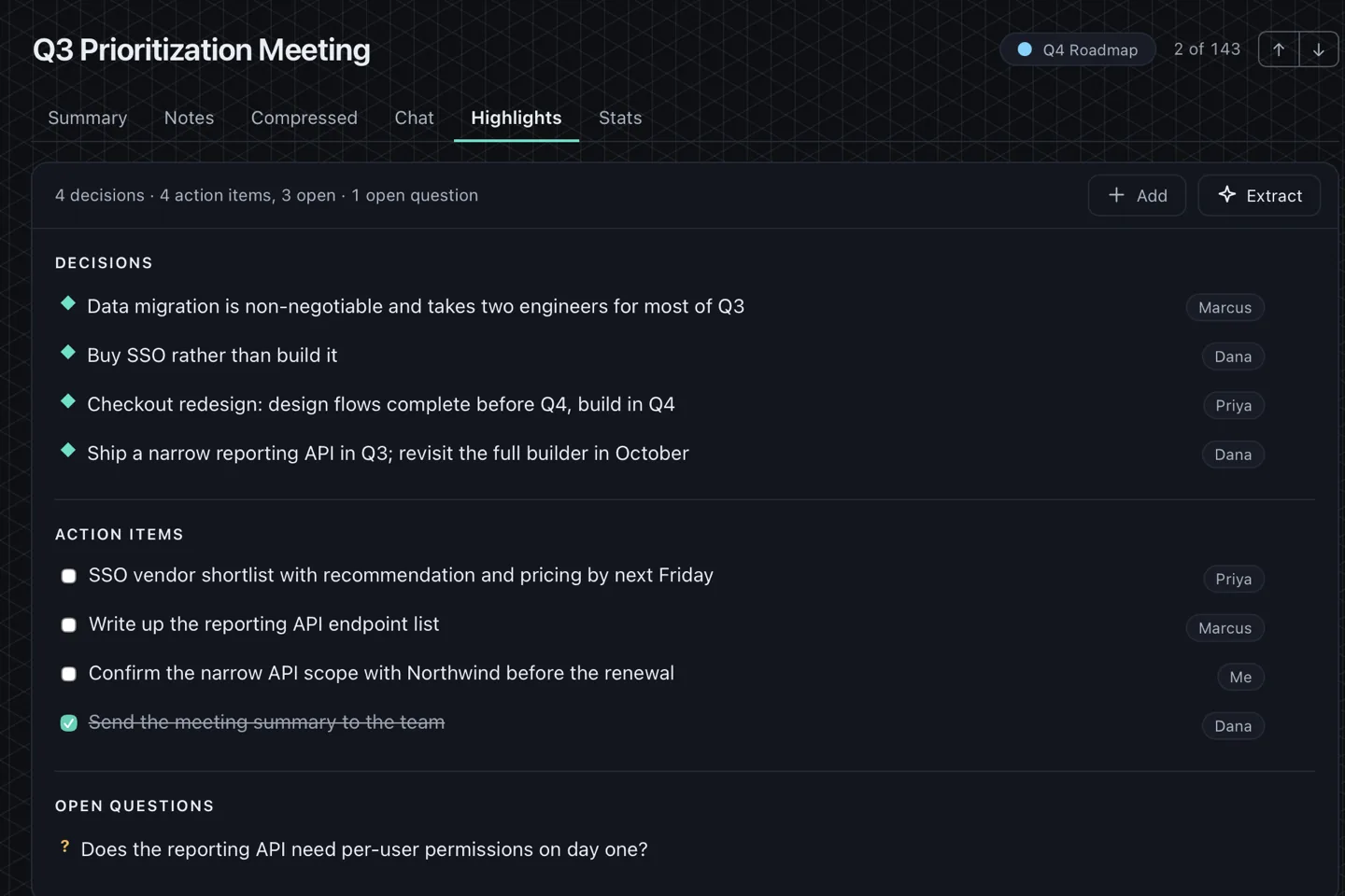 Highlights drawn from a meeting: the decisions taken, action items with named owners, and the questions still open.