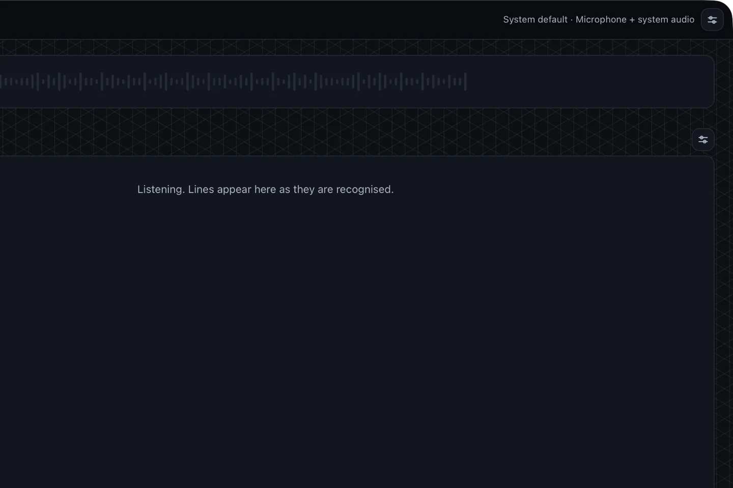 The recorder, ready: capture set to microphone plus system audio, with the live transcript below.