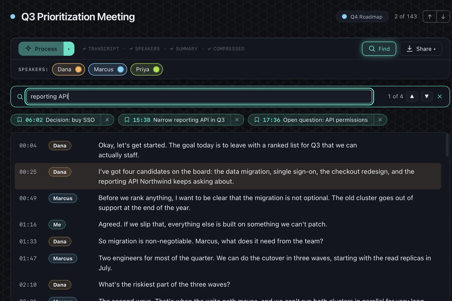 Find in a transcript: every match highlighted, with its speaker and timestamp.