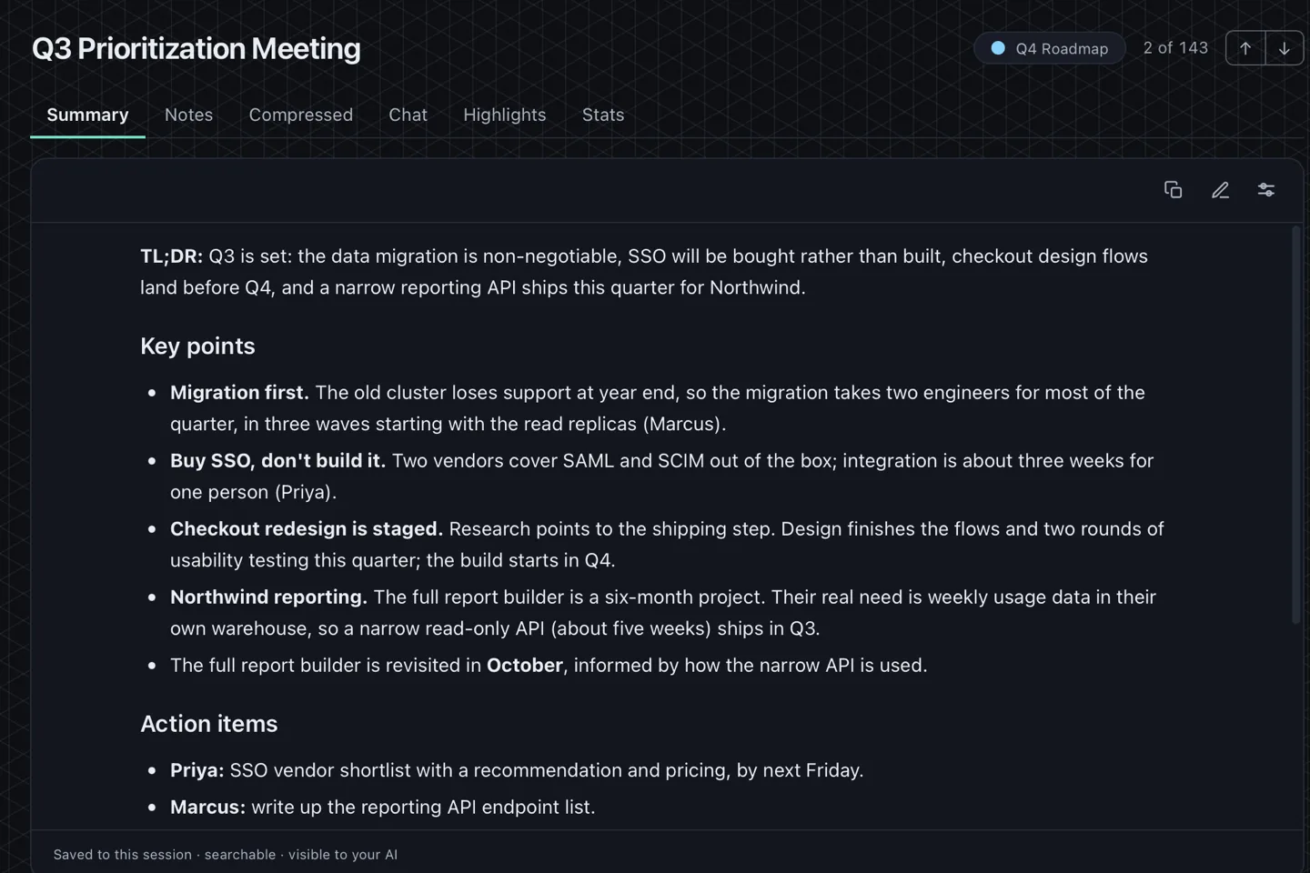 A finished meeting's generated summary: a short overview, the key points, and action items with named owners.