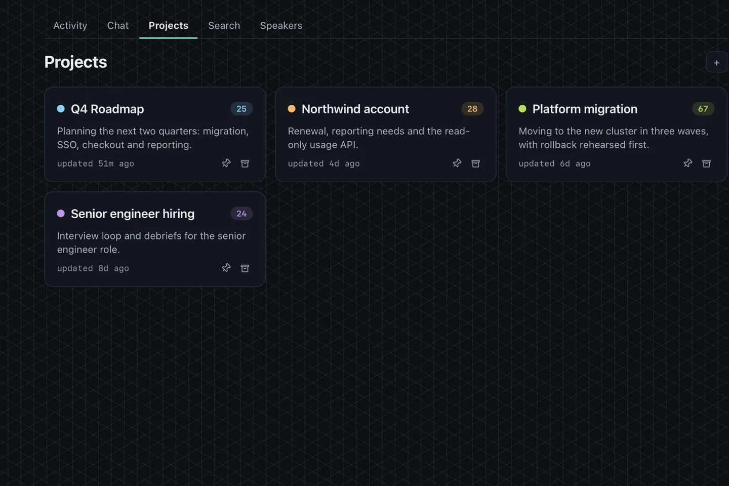 The projects view: meetings grouped into named projects, each showing how many meetings it holds and when it was last updated.