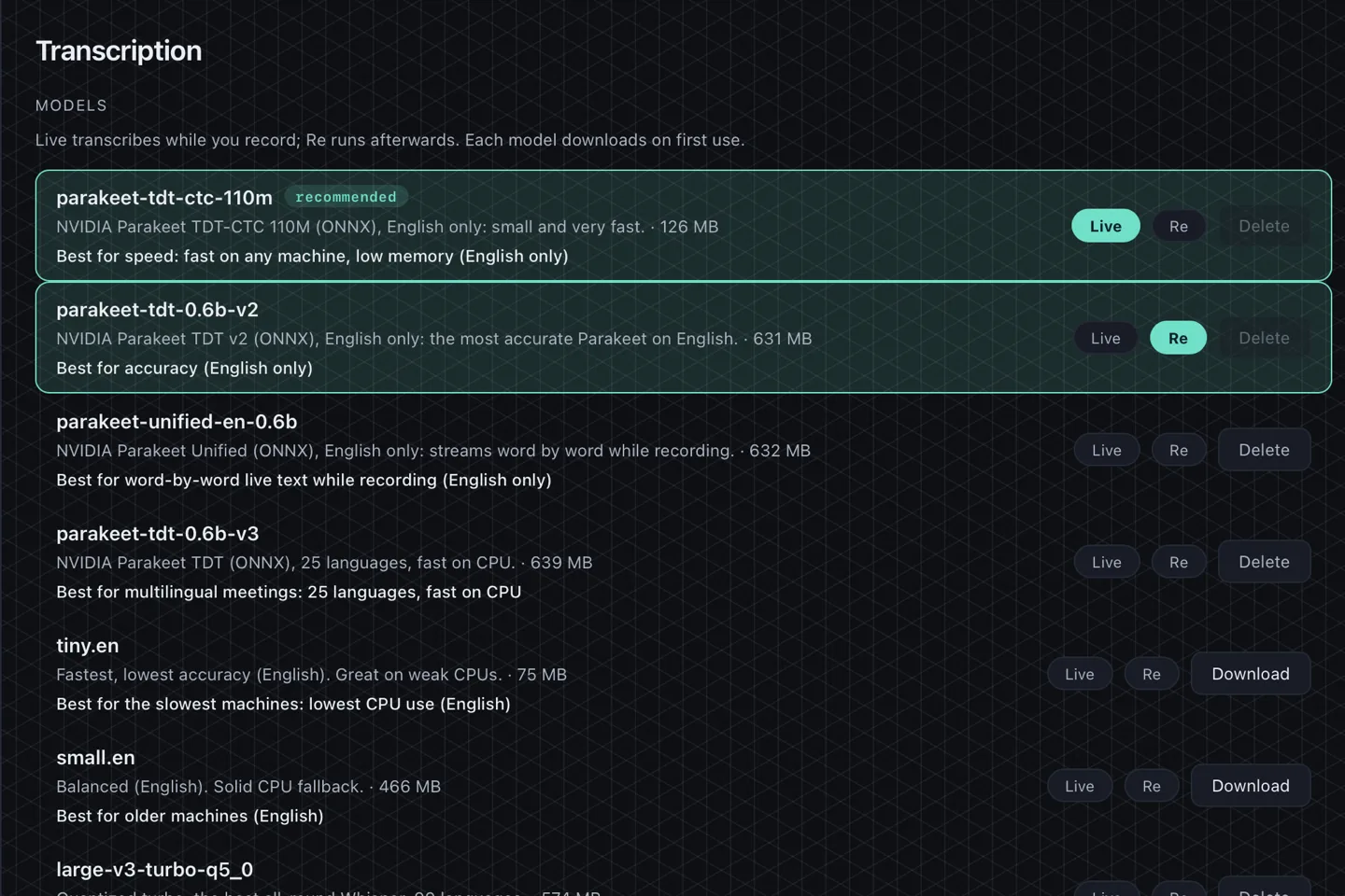 The transcription settings: every model that can be installed, its size on disk, and whether it runs live or after the call.